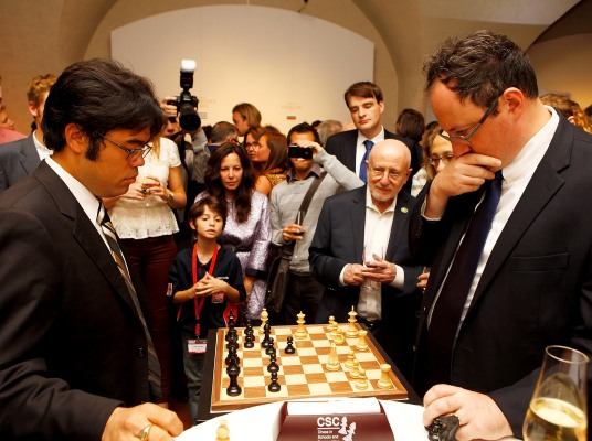 Wang Hao of China playing Boris Gelfang of Israel- both Chess Grand Masters