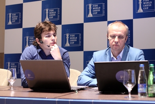 GM Evgeny Romanov joined GM Sergei Shipov in the commentary room