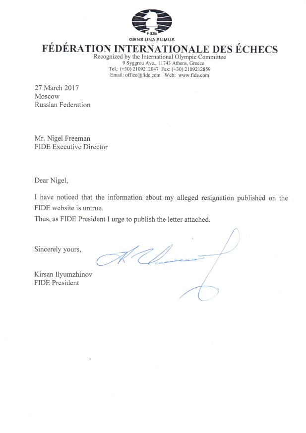 Kirsan Ilyumzhinov response to his resignation
