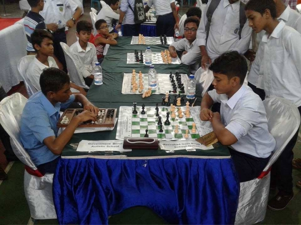 Player of Chittagong Govt School for Blind Left playing in 1st School Chess Teams Chess Tournament-2017 in Chittagong Bangladesh