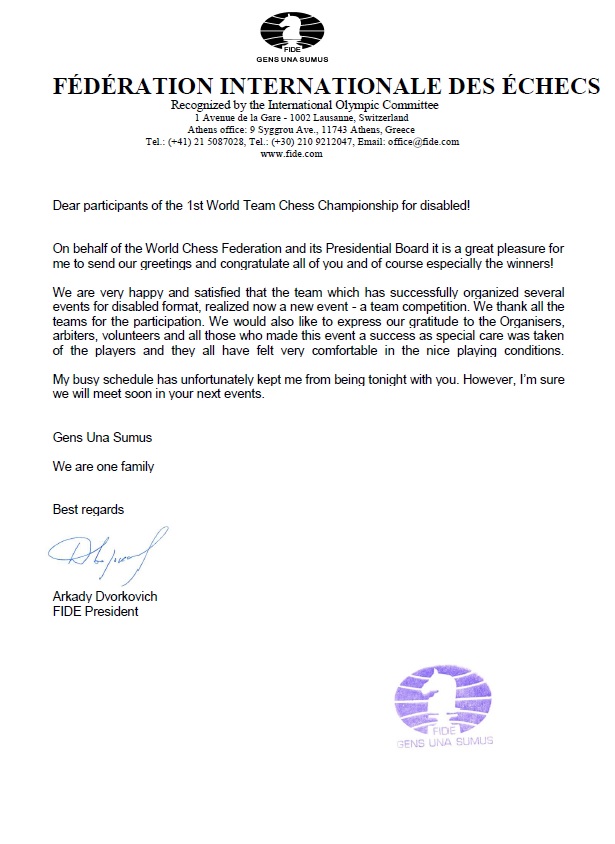 FIDE Presidents Letter to participants of the 1st World Team Chess Championship for Disabled
