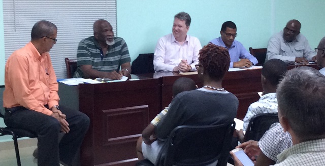 President of Grenada Olympic Committee Royston LaHee speaks at launch of Grenada Chess Federation. Grandmaster Nigel Short sits at right together with Ruggles Ferguson and Carlyle Glean Jr. Terrence Smith is at extreme left