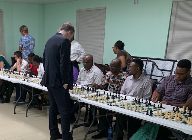 Simultaneous exhibition matches RS in progress with Grandmaster Nigel Short who Won 24 Drew 1 - at far right is Jesse Green a teacher at St Josephs Convent St Georges who held the Grandmaster to a draw Feb 28th